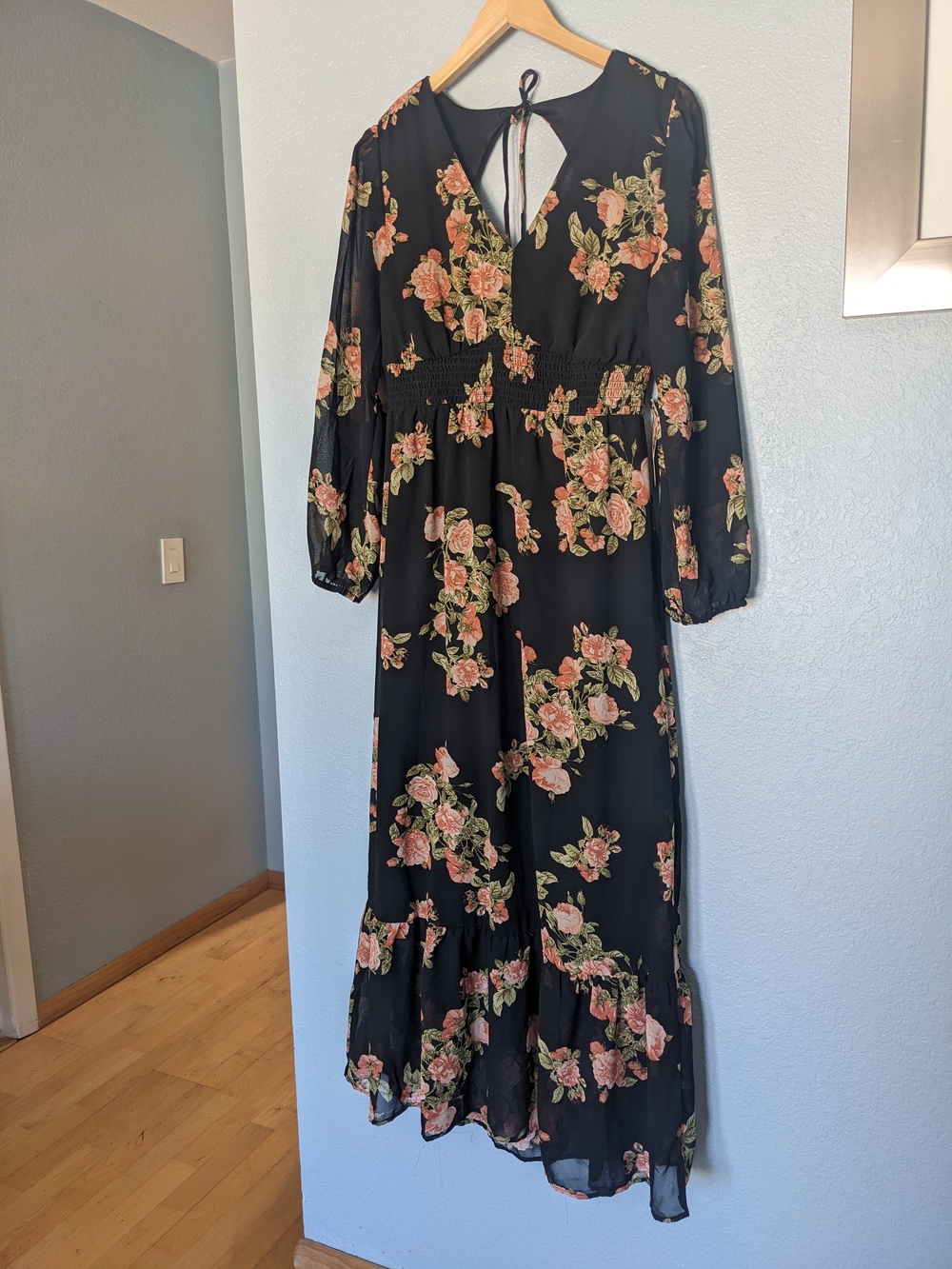 Black Maxi Dress with Pink Floral Print